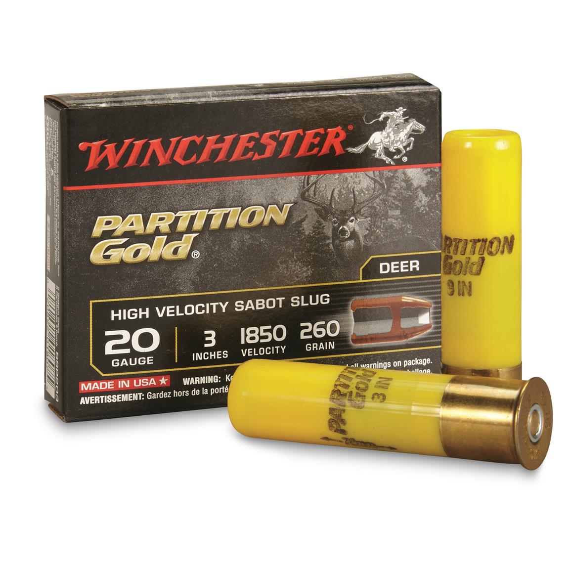 Winchester Partition Gold, 20 Gauge, 3", 260 Grain, Sabot Slug, 5 Rounds