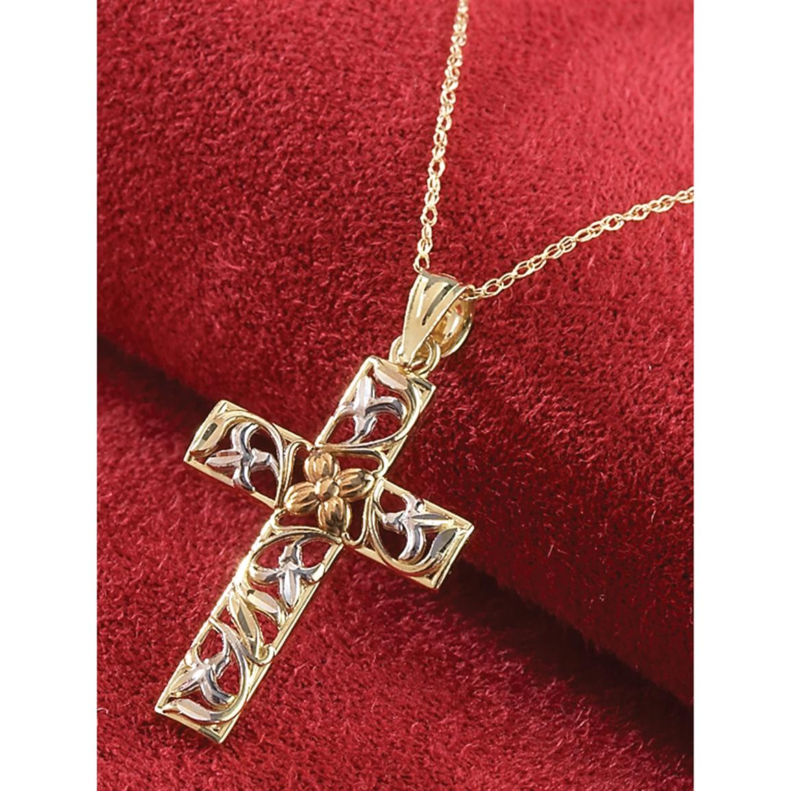 10K Tri - color Gold Cross Necklace - 188407, Jewelry at Sportsman's Guide