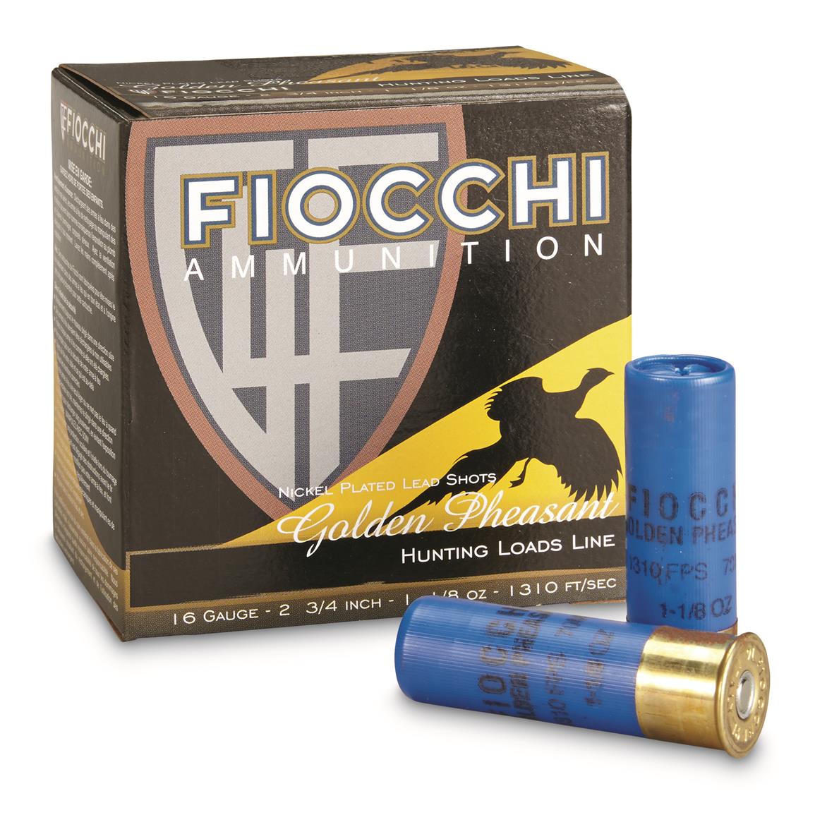 Fiocchi, Golden Pheasant, 16 Gauge, 2 3/4&quot; Shells, 1 1/8 oz., Nickel Plated, 25 Rounds