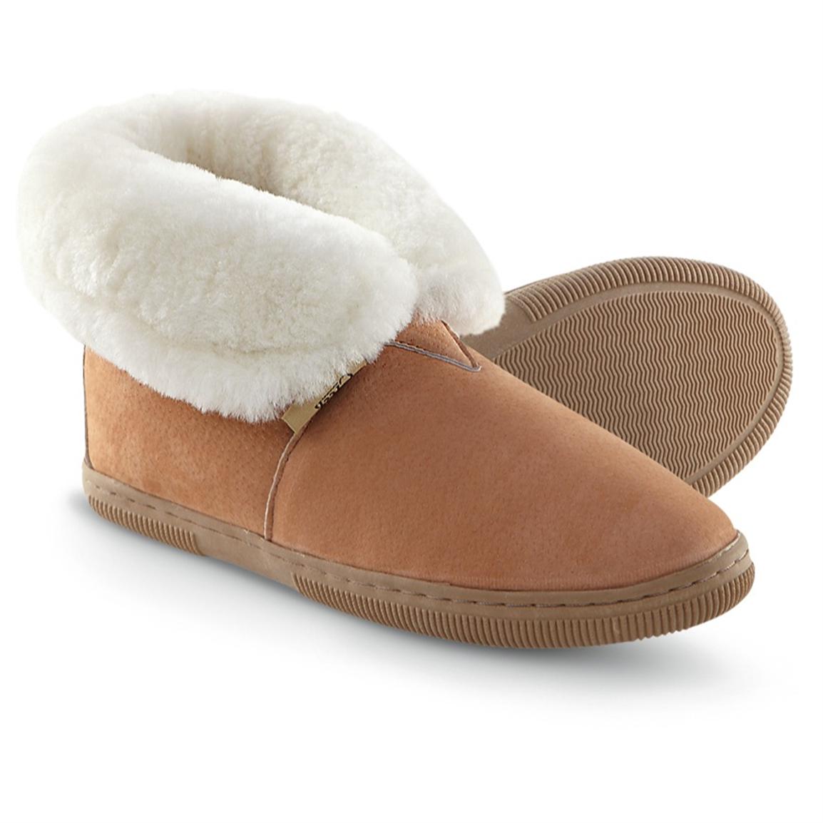 Women&#39;s Snowy Creek® Shearling Roll Top Slippers, Chestnut - 202621, Slippers at Sportsman&#39;s Guide