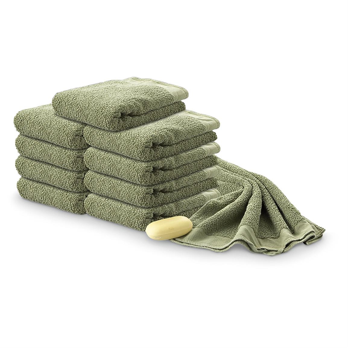 10 Used British Military Surplus Cotton Towels, Olive Drab