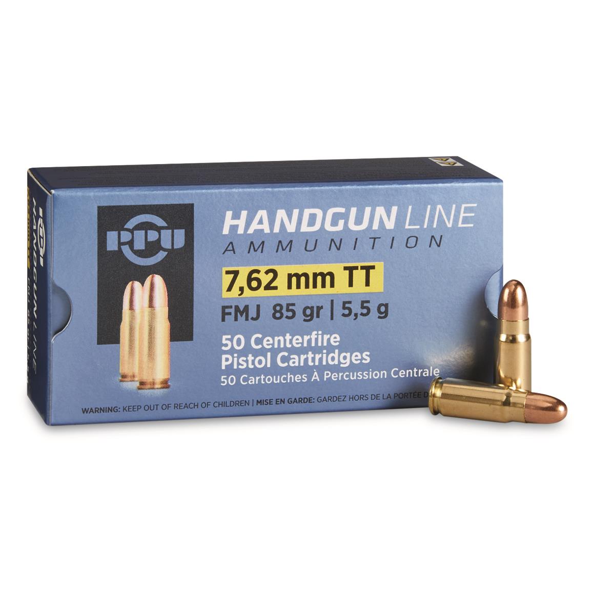 PPU, 7.62x25mm Tokarev, FMJ, 85 Grain, 50 Rounds - 222468, 7.62x25 Tok ...