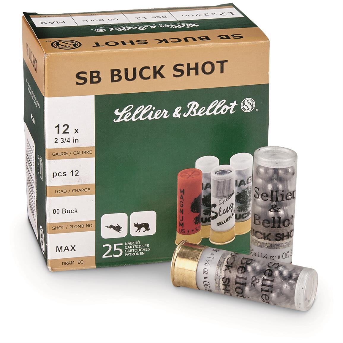 Sellier &amp; Bellot Buckshot, 12 Gauge, 2 3/4&quot; Shells, 00 Buckshot, 9 Pellet, 25 Rounds