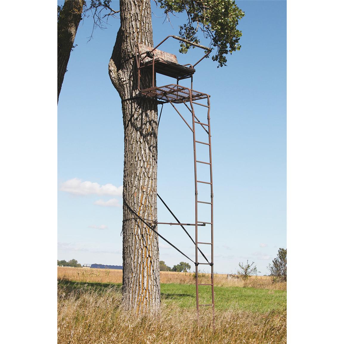 API® 18 foot Ultra-steel 2-person Deluxe Ladder Tree Stand, Realtree® AP; Rail folds up
