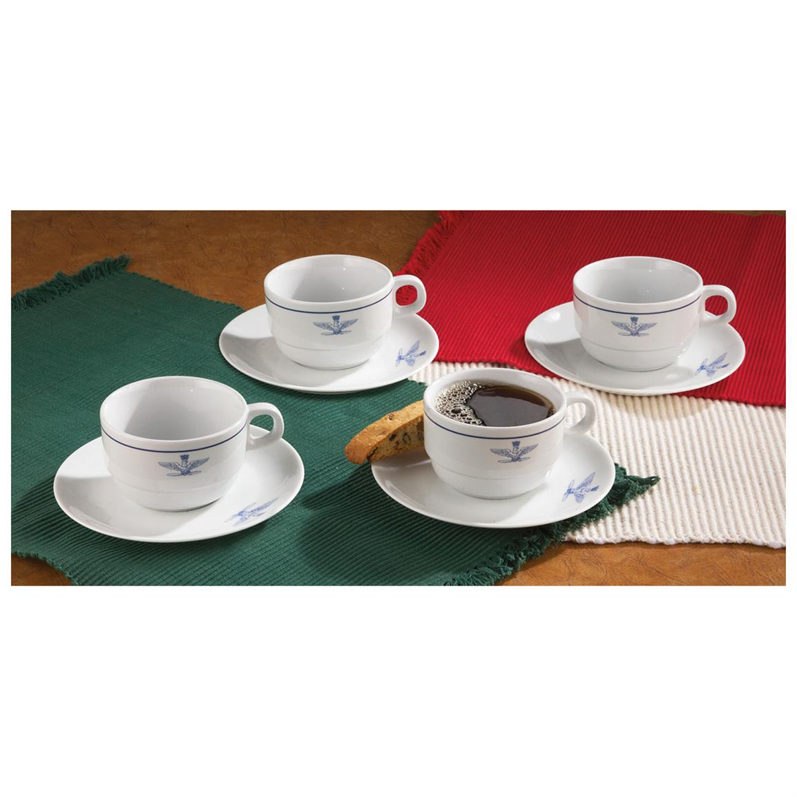Italian Military Surplus Cappuccino Cup and Saucer Set, 8 Piece, New