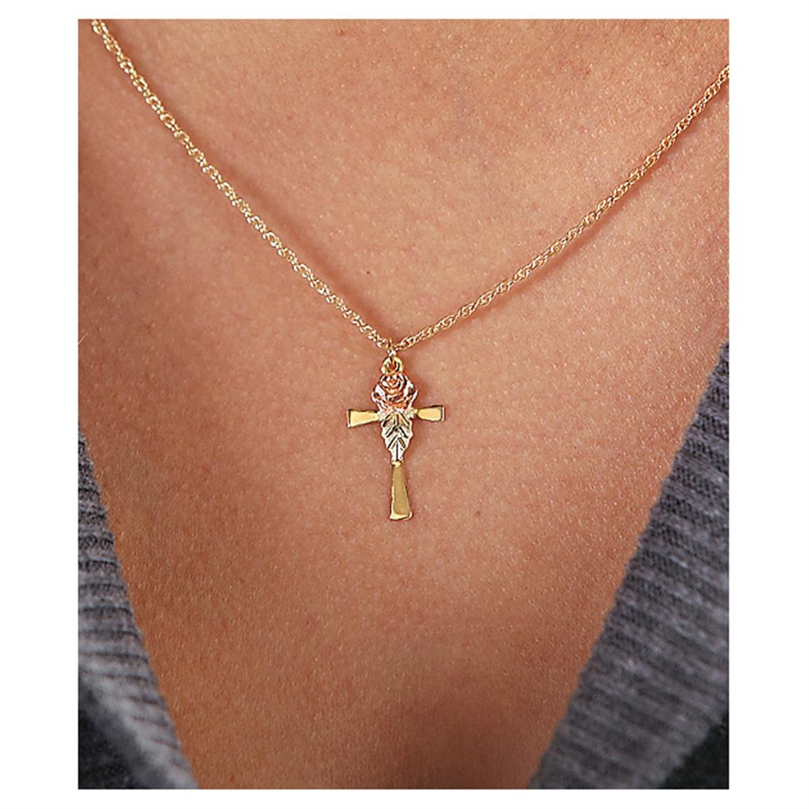 Black Hills Gold Rose and Cross Necklace - 230515, Jewelry at Sportsman&#39;s Guide