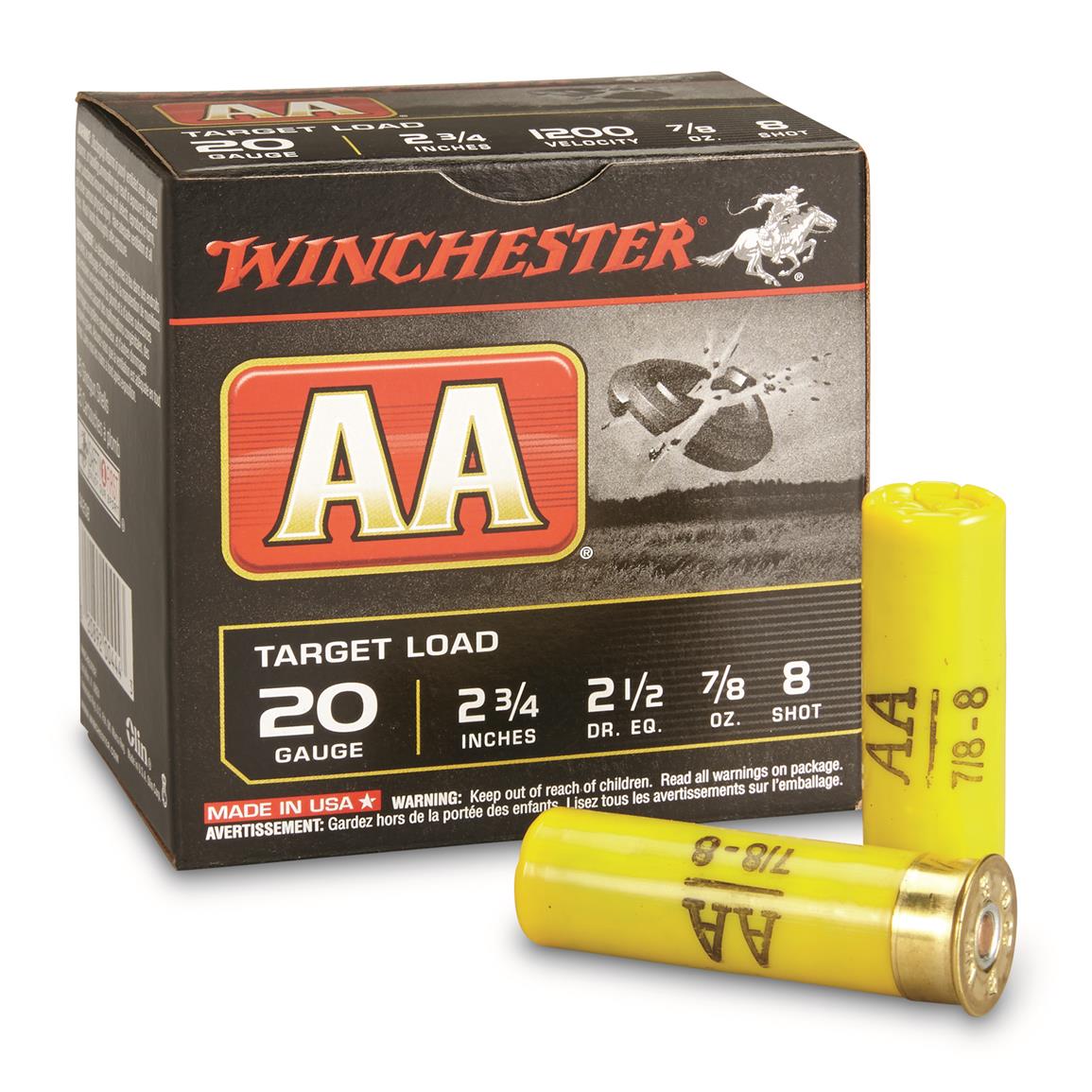 Winchester, #8 AA Shotshells, 20 Gauge, 2 3/4&quot;Shell, 7/8 oz., 25 Rounds