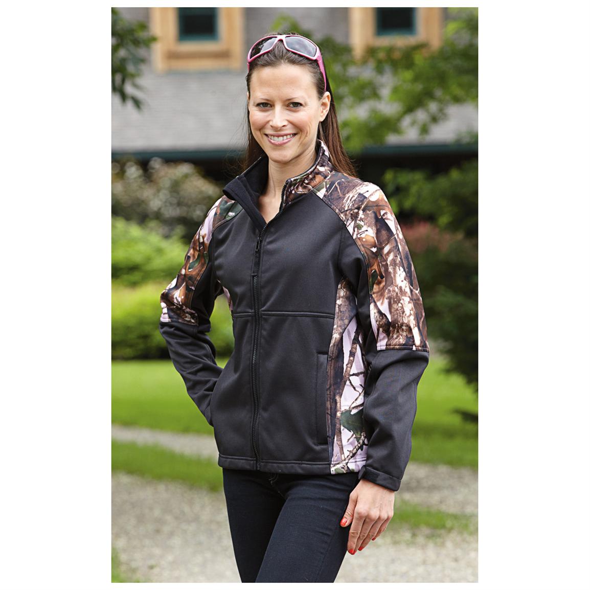 Women's Guide Gear Camo Trim Soft Shell Jacket, Black / Pink Camo ...