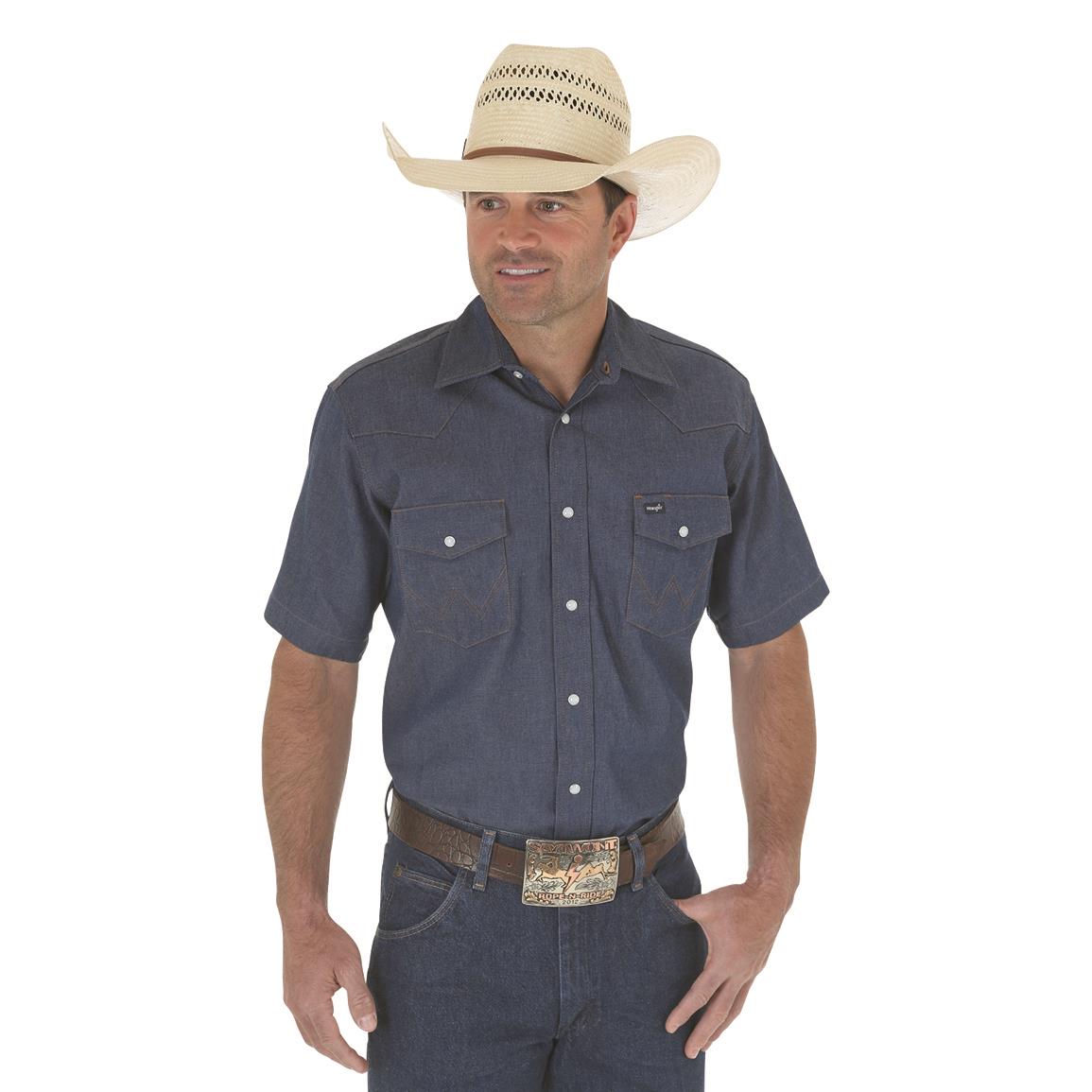 Wrangler Men's Cowboy Cut Firm Finish Short Sleeve Western Snap Shirt, Blue Indigo