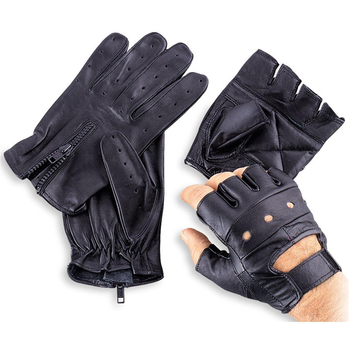 2 - Prs. of Fingerless Leather Cycle Gloves, Black - 52223, Gloves ...