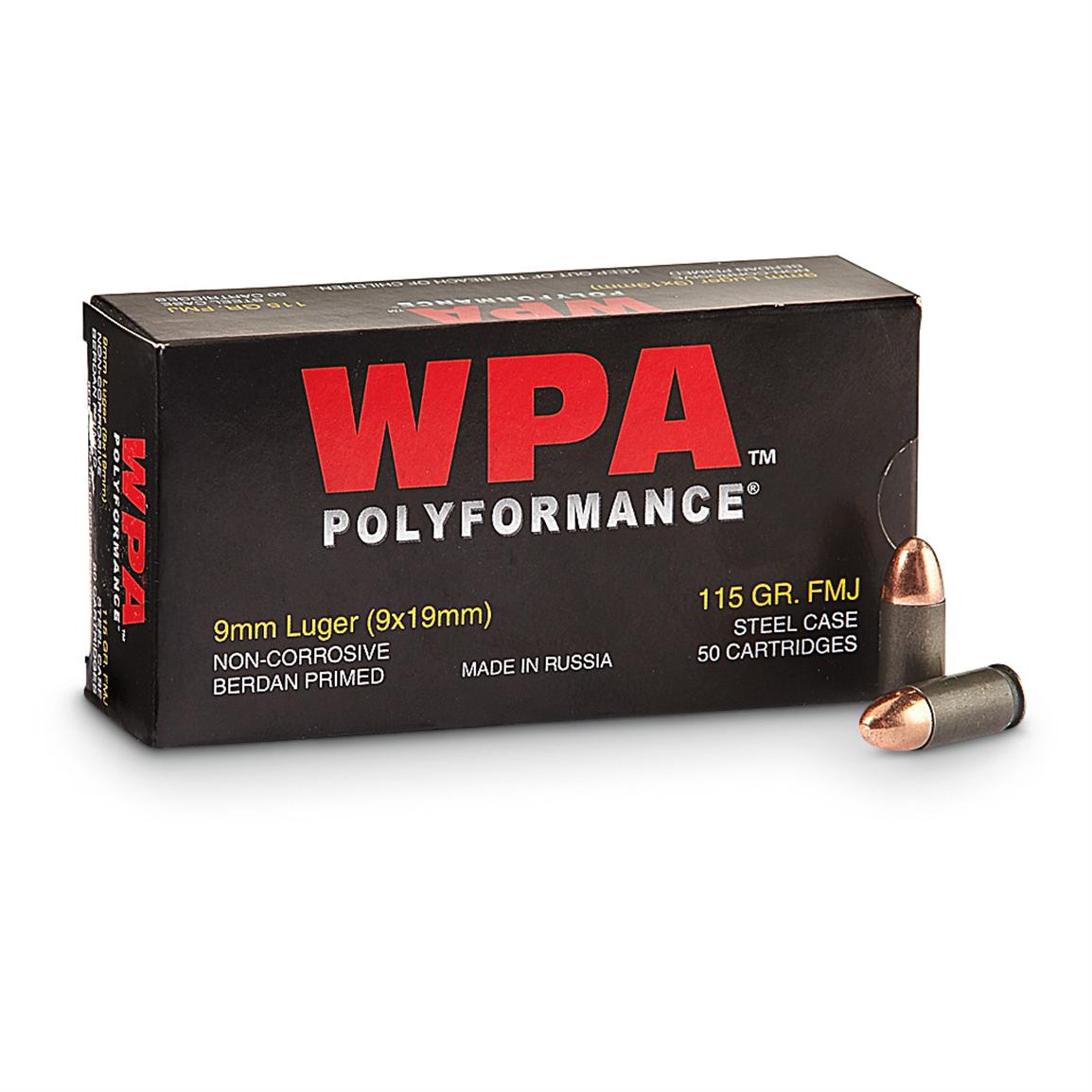 Wolf WPA Polyformance, 9mm, FMJ, 115 Grain, 50 Rounds - 52697, 9mm Ammo ...