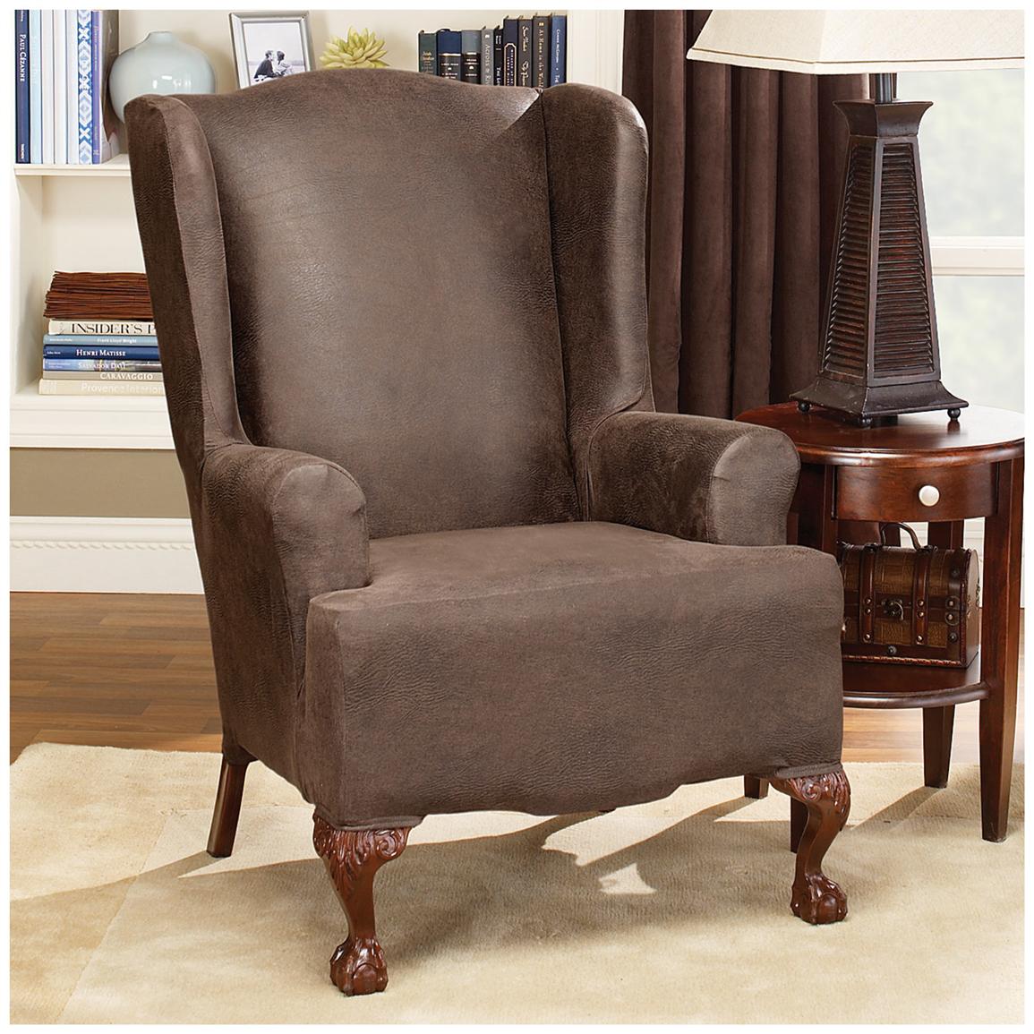 Sure Fit® Stretch Leather Wing Chair Slipcover - 581253, Furniture