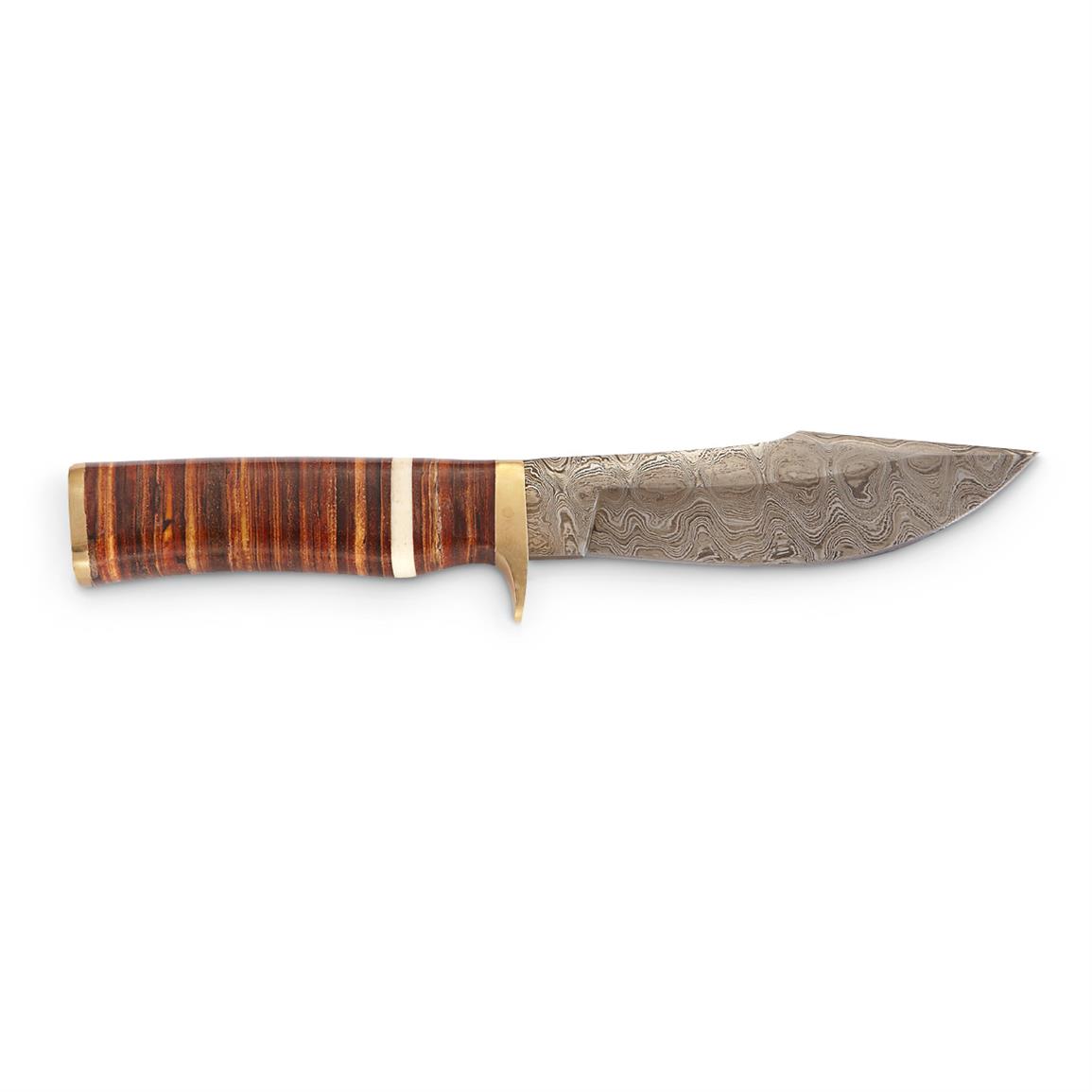 Damascus Stacked Leather Hunting Bowie Knife - 619094, Fixed Blade 