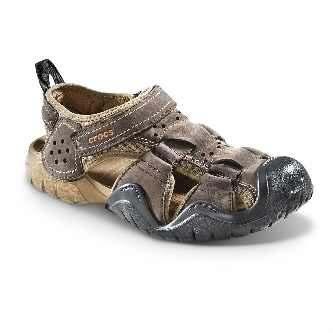 Men's Crocs SWIFTWATER Leather Fisherman Espresso Walnut Rugged Sandals Shoes 