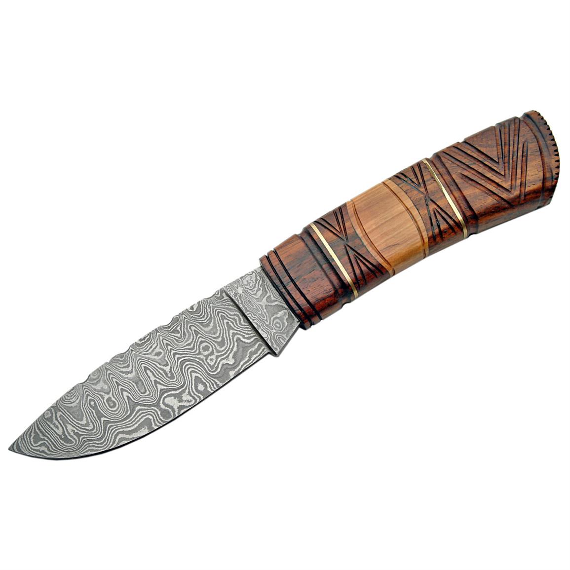 Damascus Carved Rosewood/Olivewood Handle Fixed Blade Knife - 670675 ...