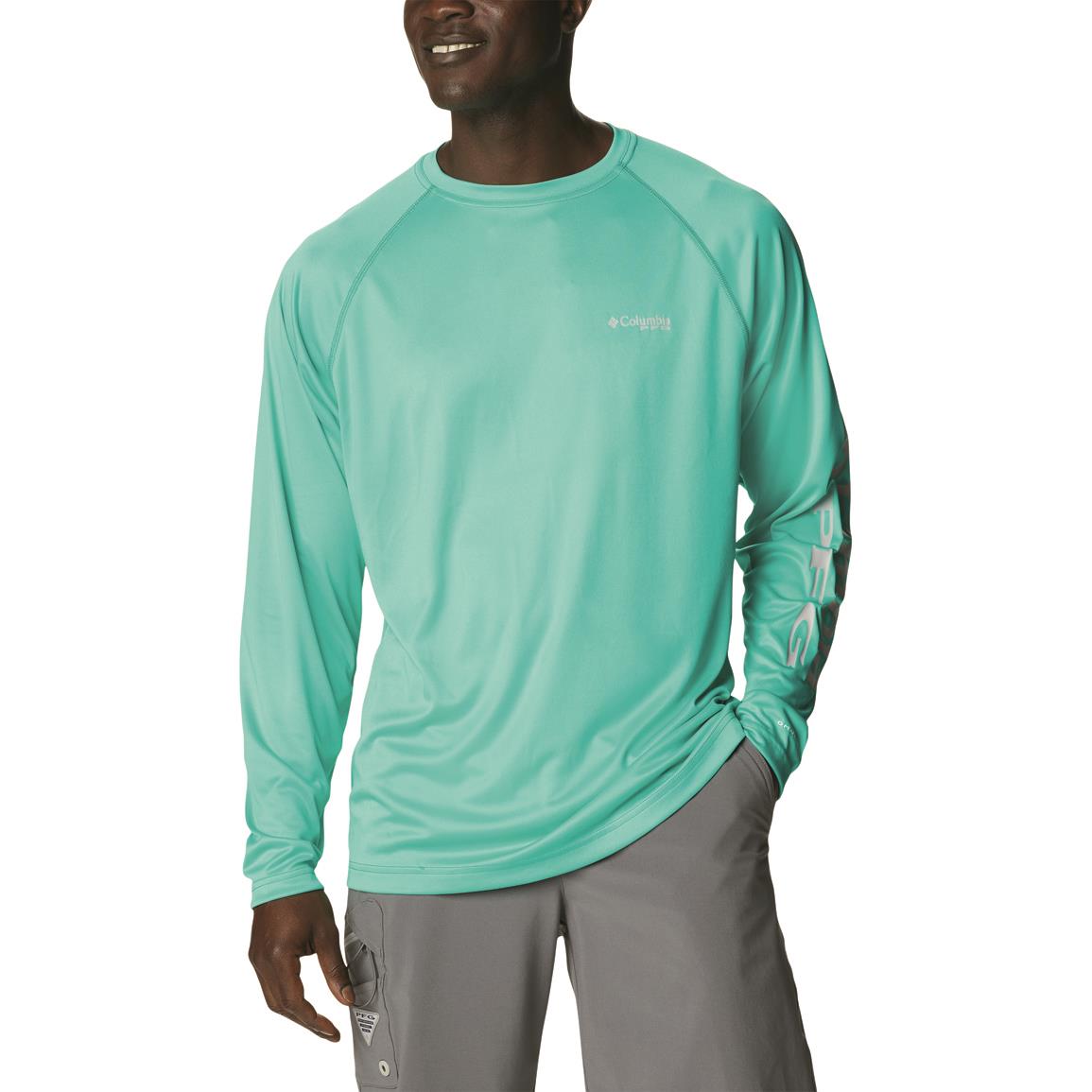 Columbia Men's PFG Terminal Tackle Shirt, Electric Turquoise/cool Grey Logo