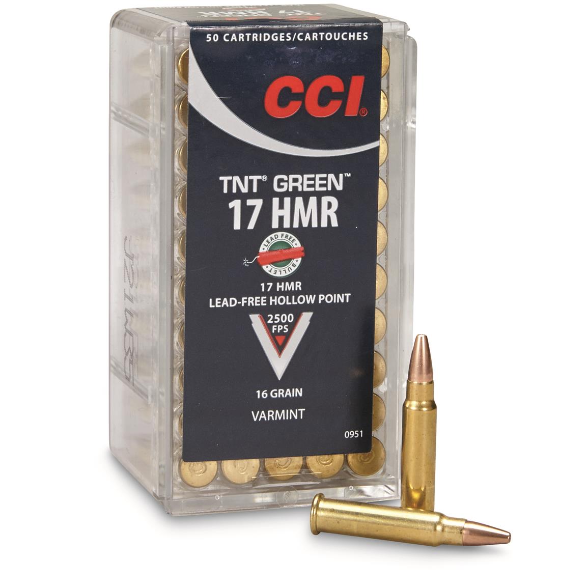 CCI TNT Green 17 HMR Lead Free HP 16 Grain 50 Rounds 