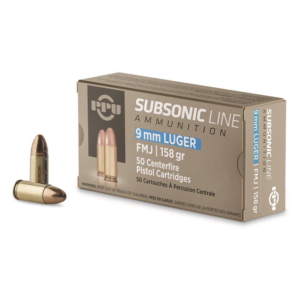 PPU Subsonic Line 9mm FMJ 158 Grain 50 Rounds 678765 9mm Ammo At 