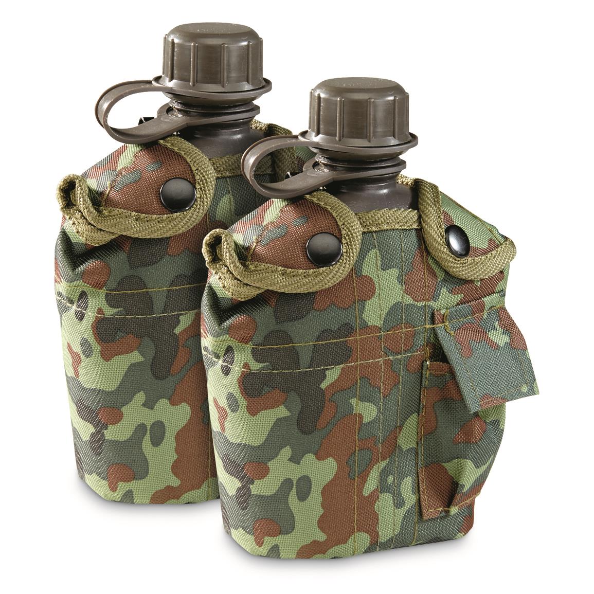 Military Style Canteen with Cover, 2 Pack, Flecktarn