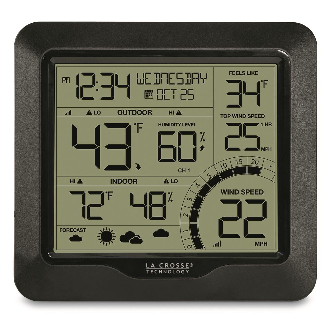 Shows indoor/outdoor temp and humidity