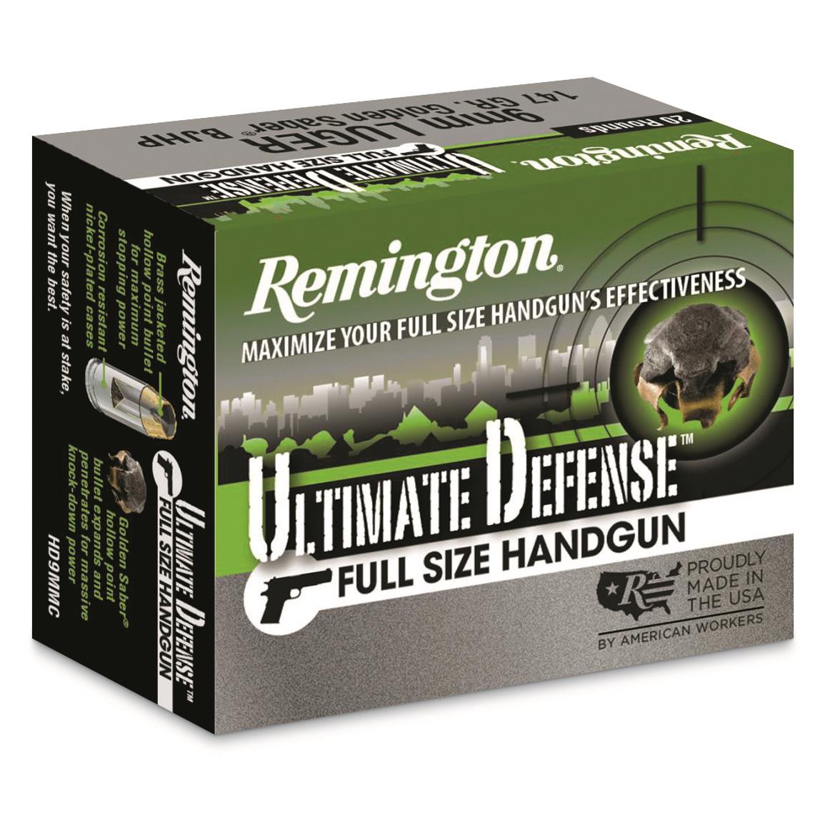 Remington Ultimate Defense Full-Size Handgun, 9mm, BJHP, 147 Grain, 20 Rounds