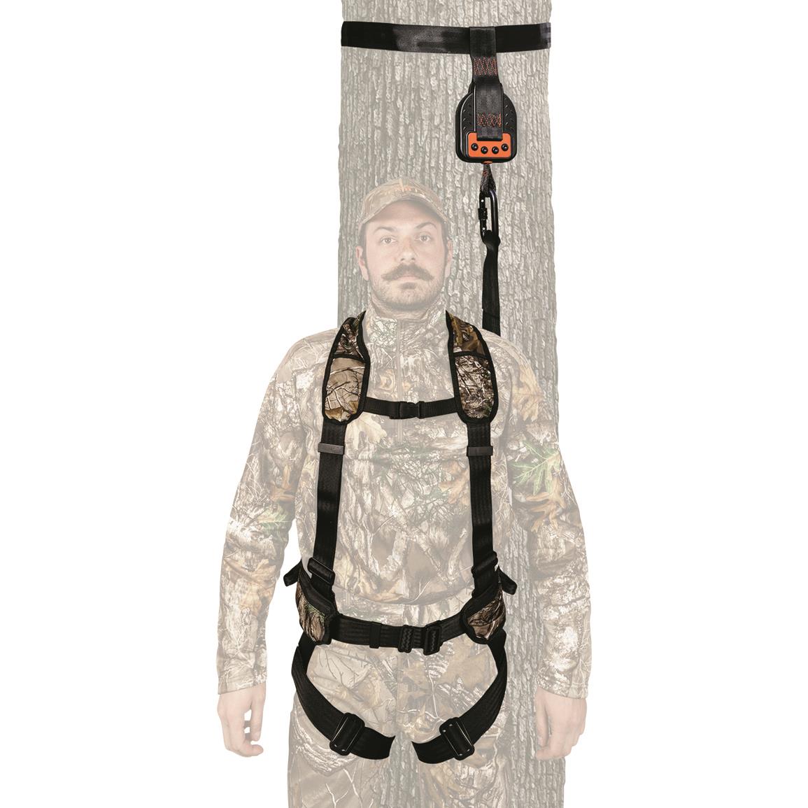 Includes Full Body Harness, Descender Safety Device, Tree Strap, and heavy-duty carabiner