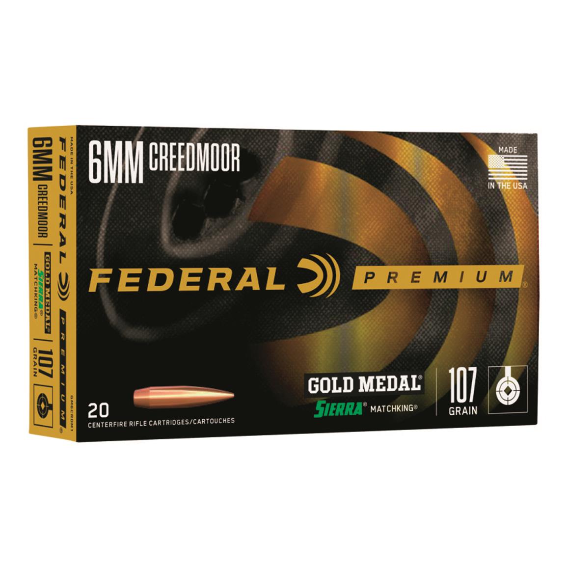 Federal Premium Gold Medal, 6mm Creedmoor, Sierra MatchKing BTHP, 107 Grain, 20 Rounds