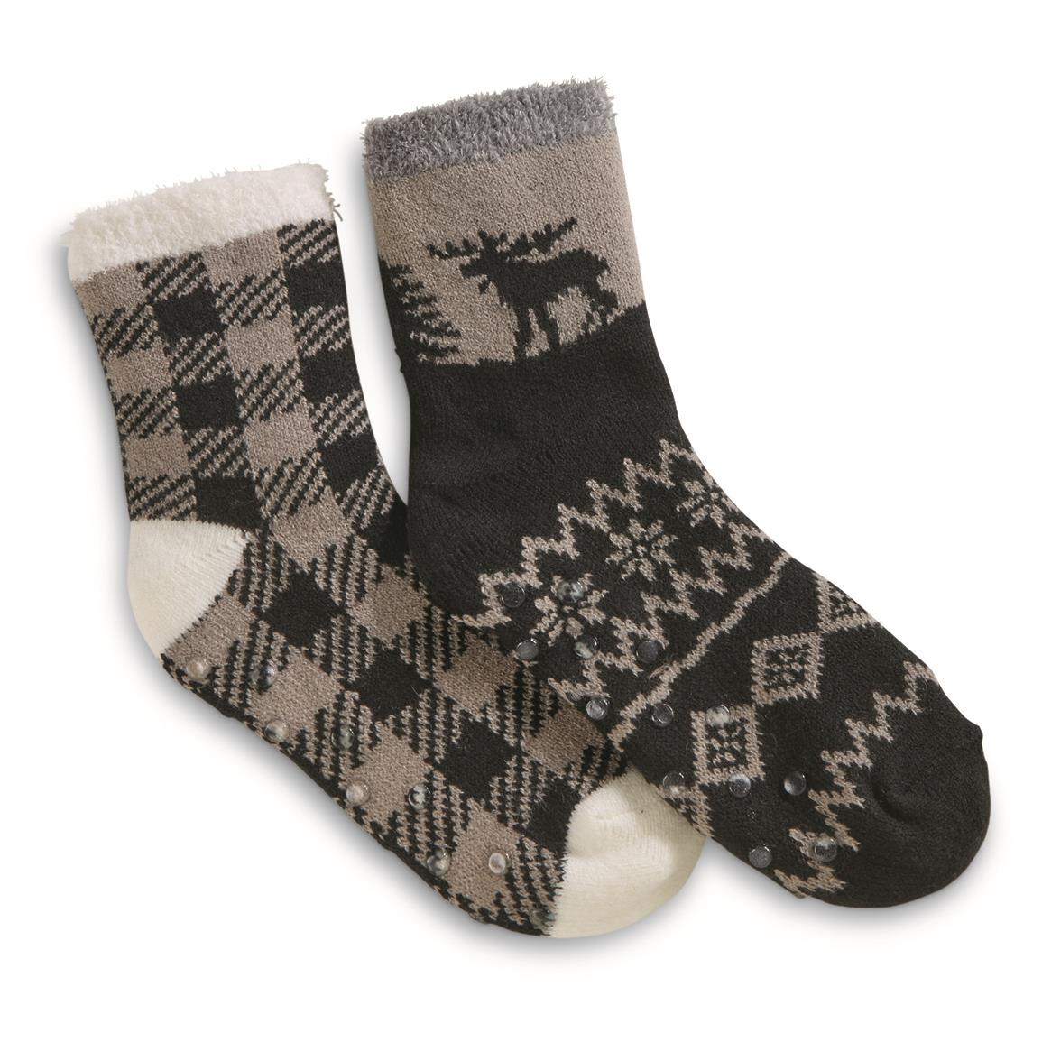 Guide Gear Women's Double-layer Gripper Socks, 2 Pairs, Grey Moose/plaid