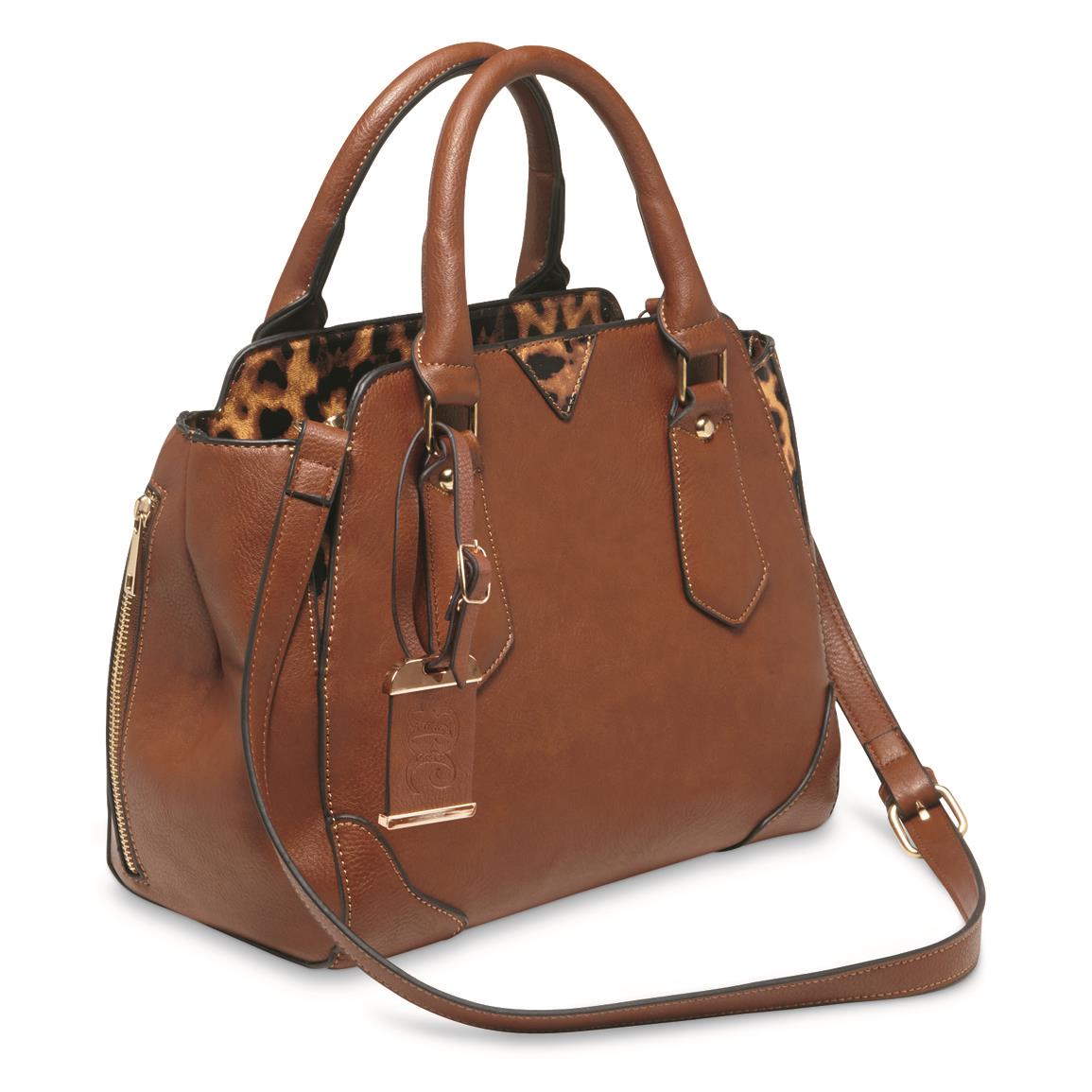 Bulldog Concealed Carry Satchel Purse with Holster, Chestnut/leopard