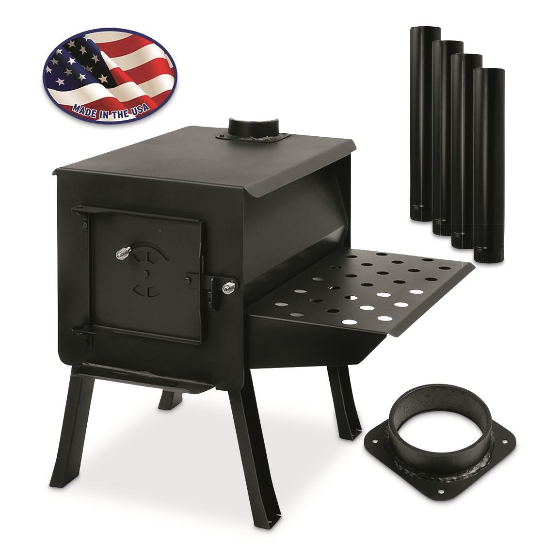Complete Kit includes Stove, pipe collar, 8' pipe kit, and attachable shelf