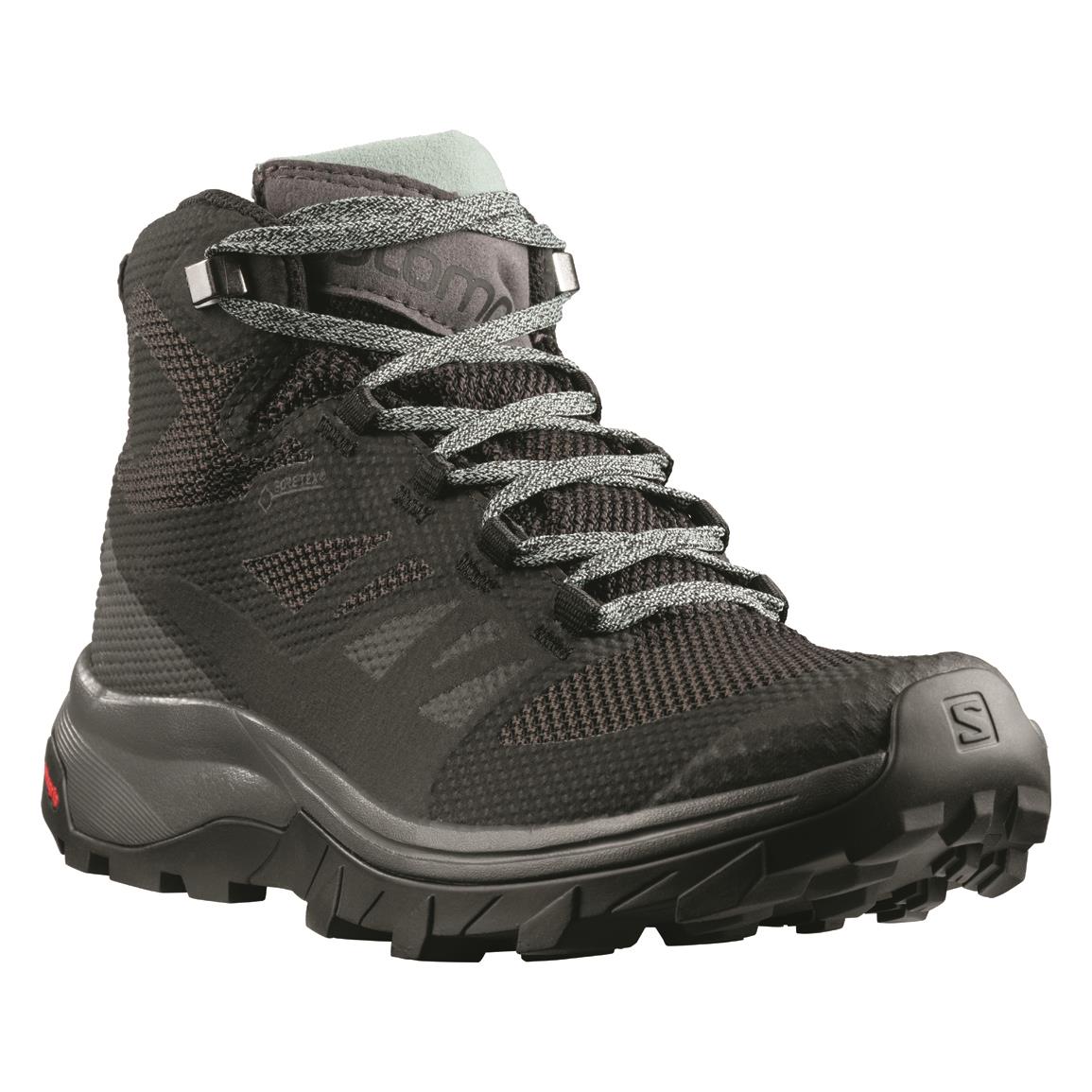 Salomon Women's OUTline GTX Waterproof Hiking Boots, GORE-TEX, Black/magnet/green Milieu