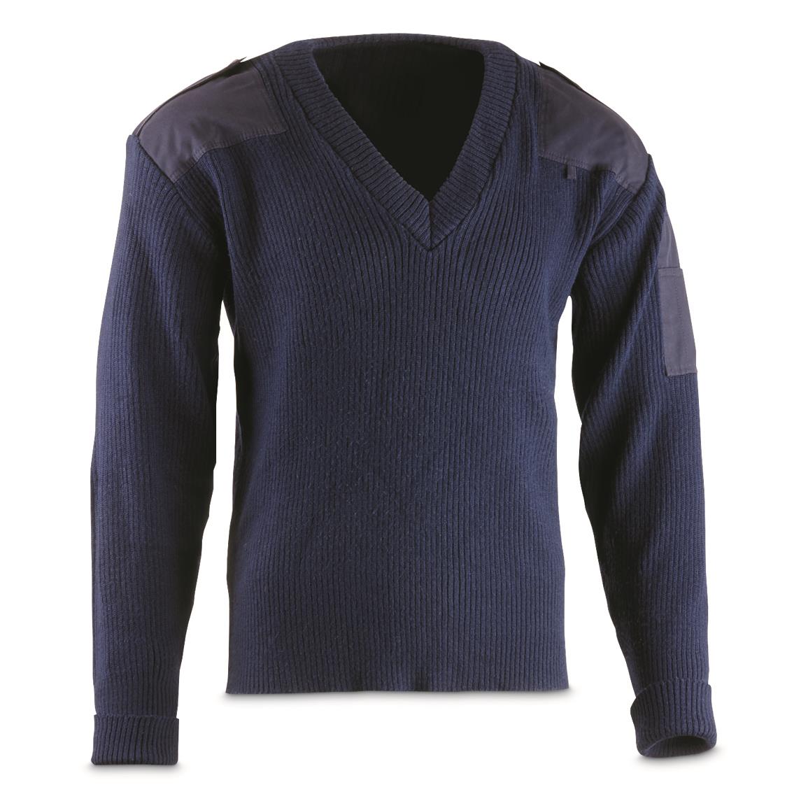 Italian Military Surplus Wool V-neck Commando Sweater, Used, Navy