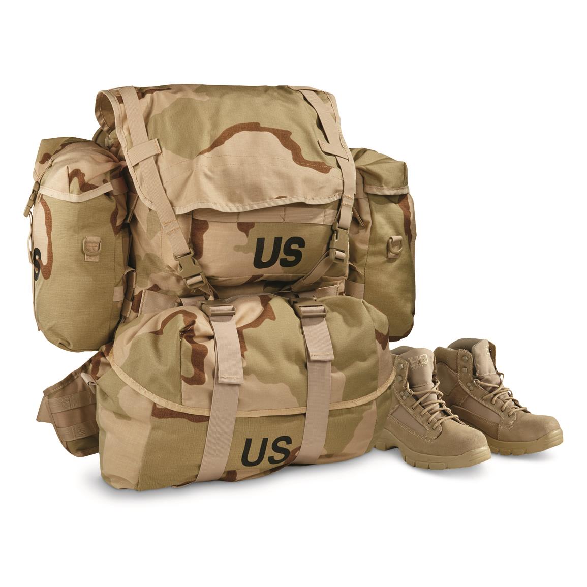 U.S. Military Surplus Desert MOLLE Field Pack Complete with Frame, New, 3-color Desert