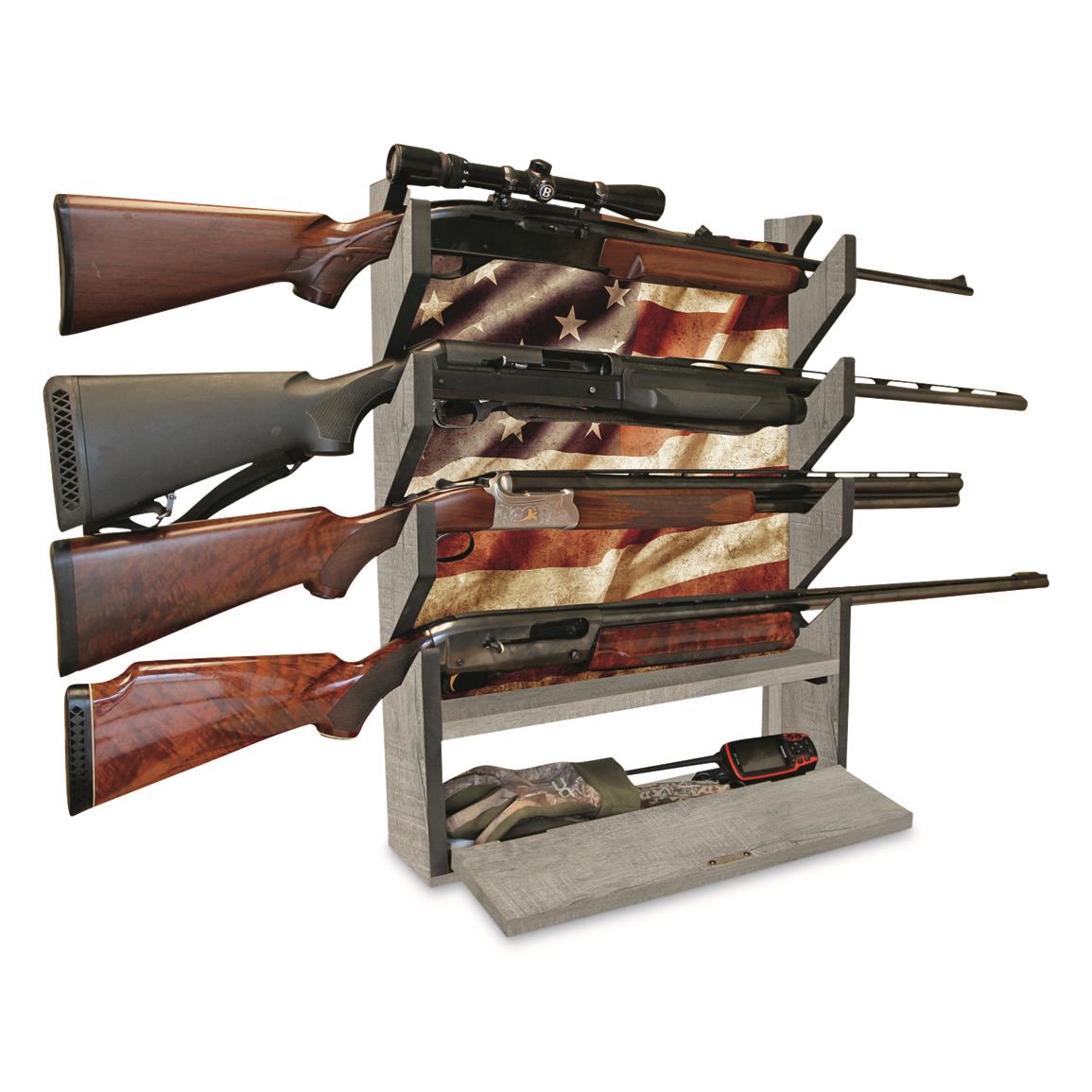 Rush Creek Creations Americana 4 Gun Wall Rack with Storage