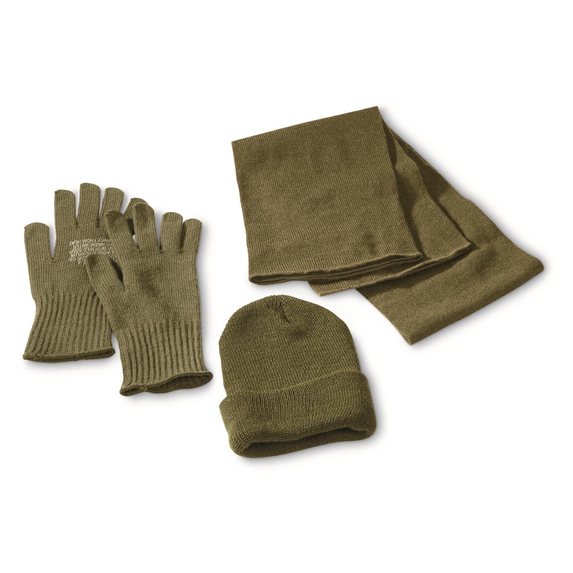 U.S. Military Surplus Wool Hat, Gloves and Scarf Set, New, Olive Drab