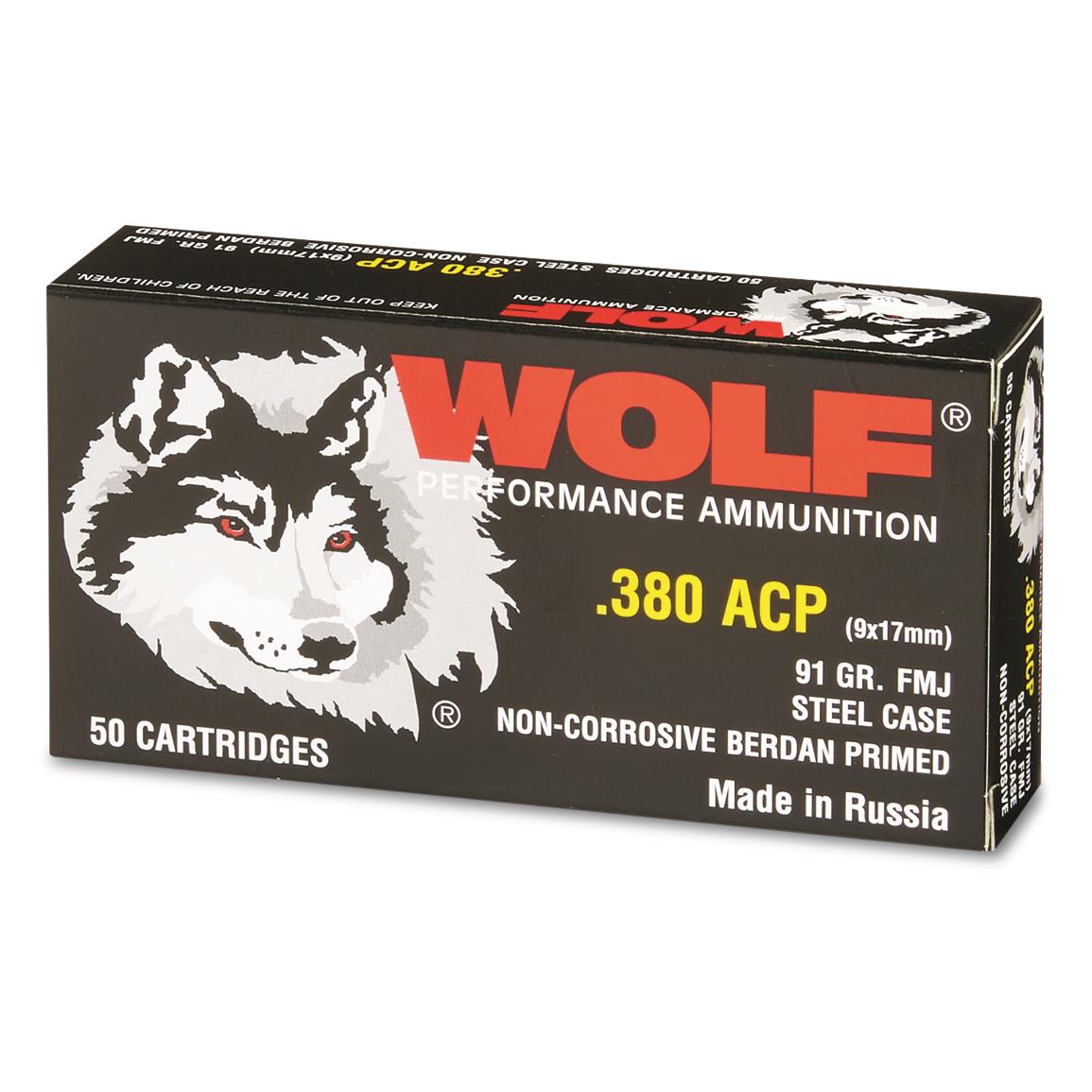 Wolf, .380 ACP, FMJ, 91 Grain, 50 Rounds