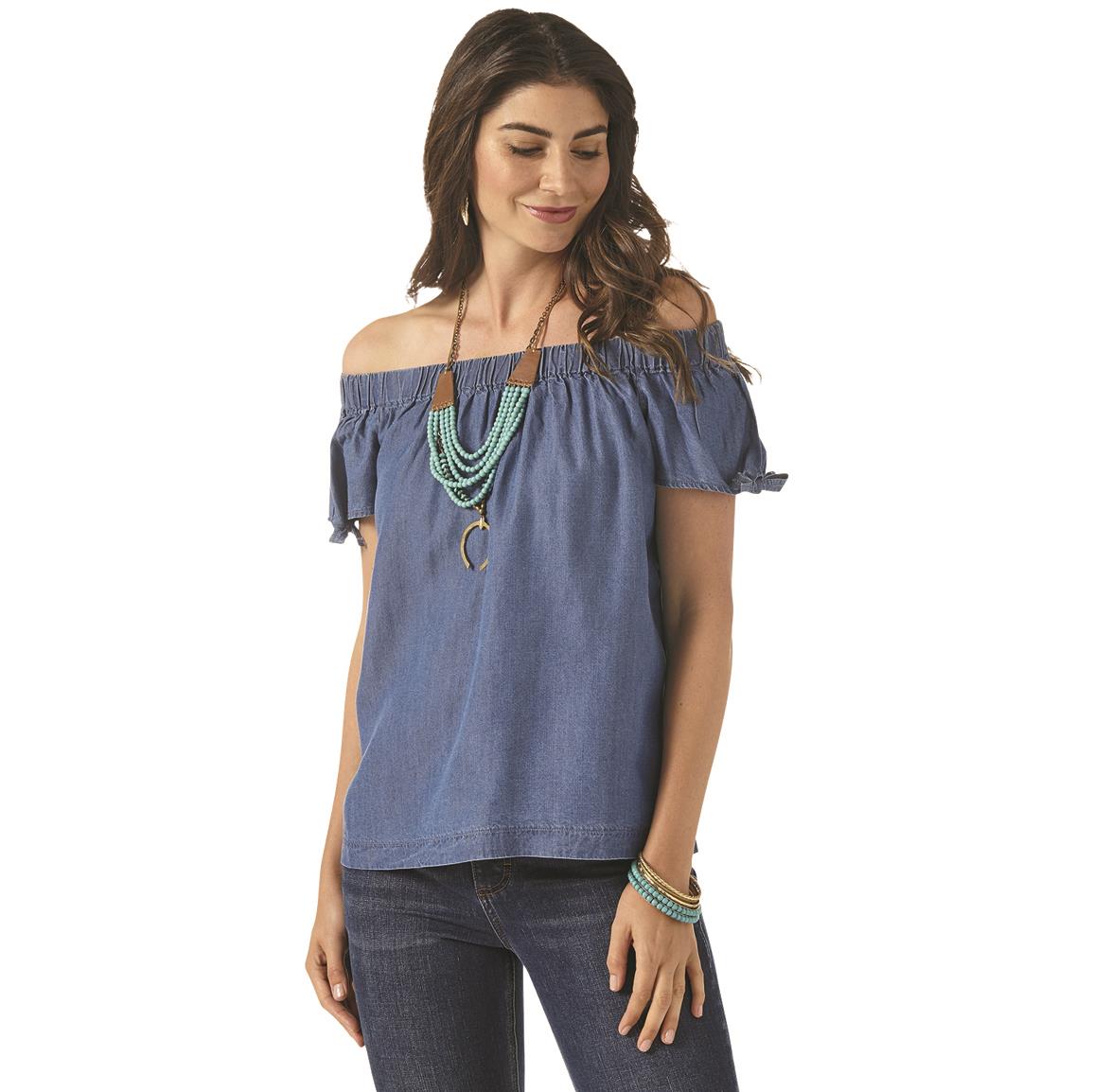 Wrangler Women's Off-the-Shoulder Top with Knot Sleeves, Chambray