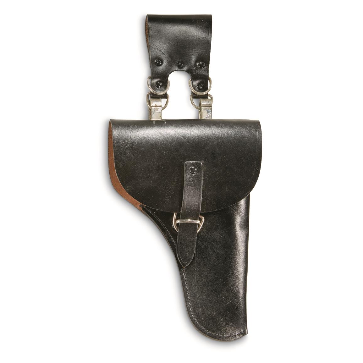 Italian Military Surplus Large Frame Leather Holster with Belt Clip, New