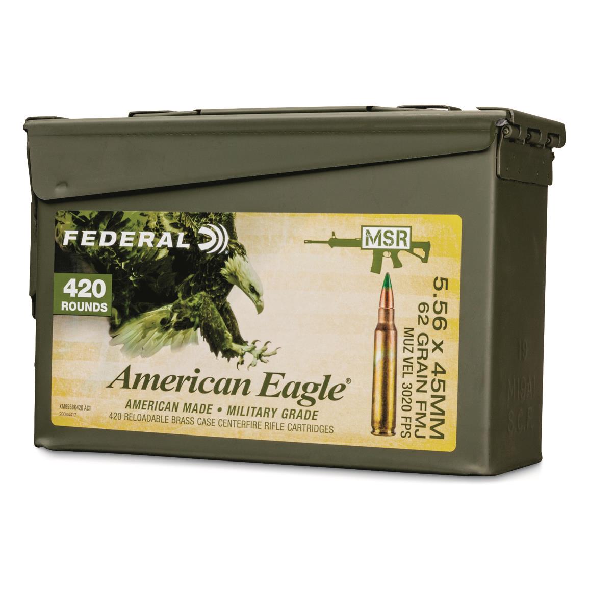 Federal American Eagle M855 Green Tip, 5.56x45mm NATO, FMJ, 62 Grain, 420 Rounds
