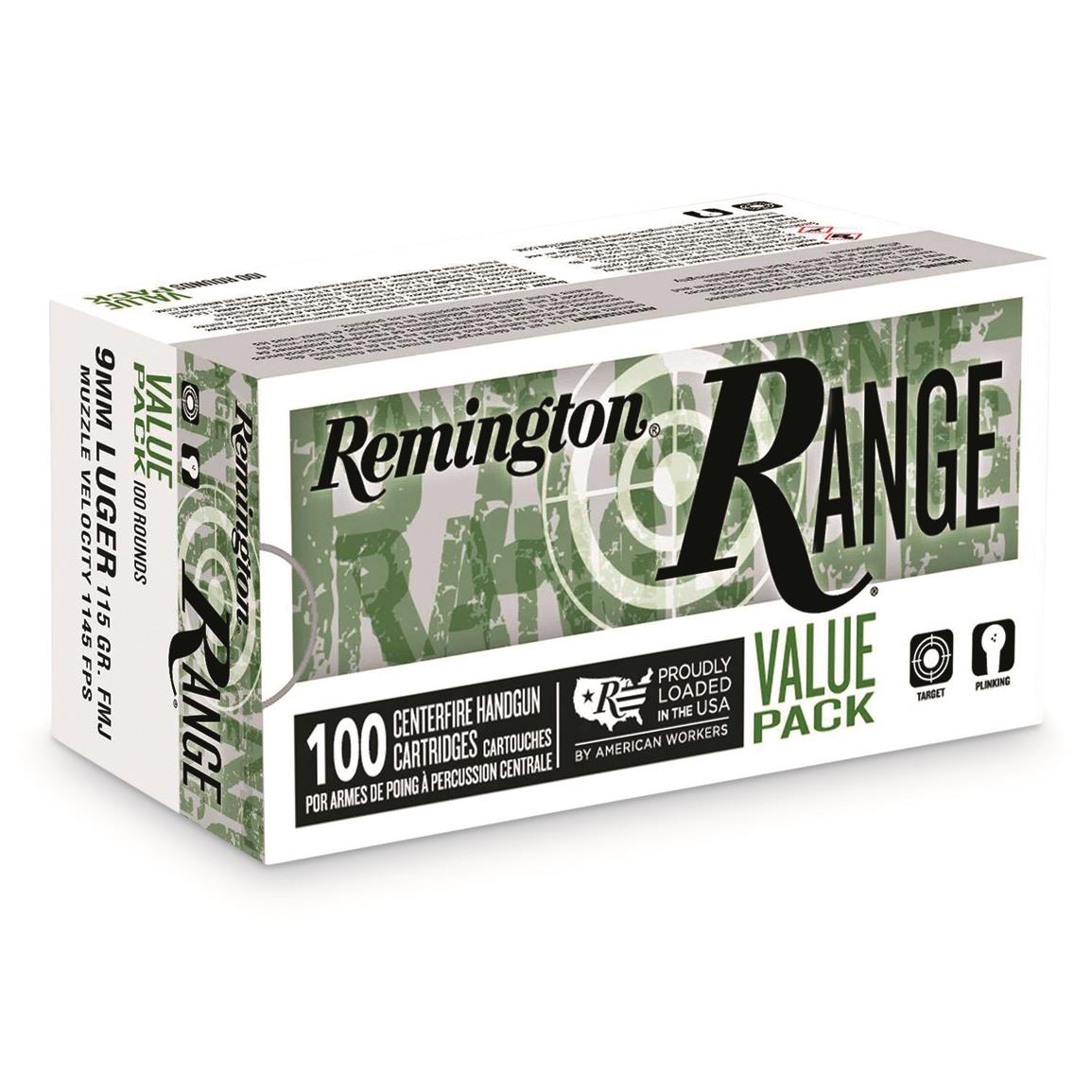 Remington Range, 9mm, FMJ, 115 Grain, 100 Rounds