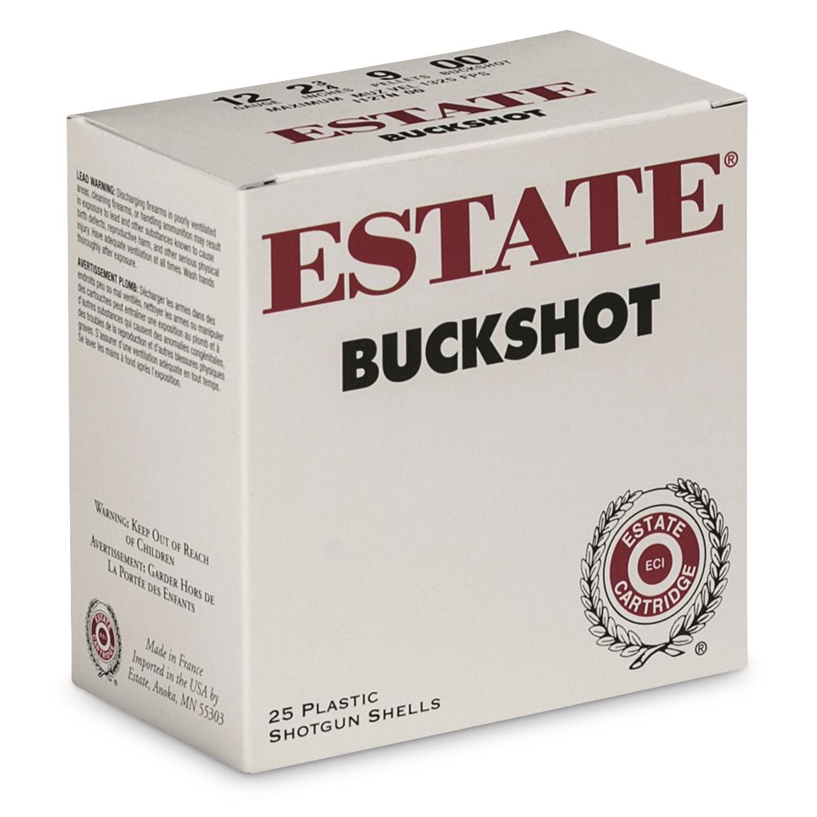 Estate Cartridge, 12 Gauge, 2 3/4", 00 Buckshot, 9 Pellets, 25 Rounds