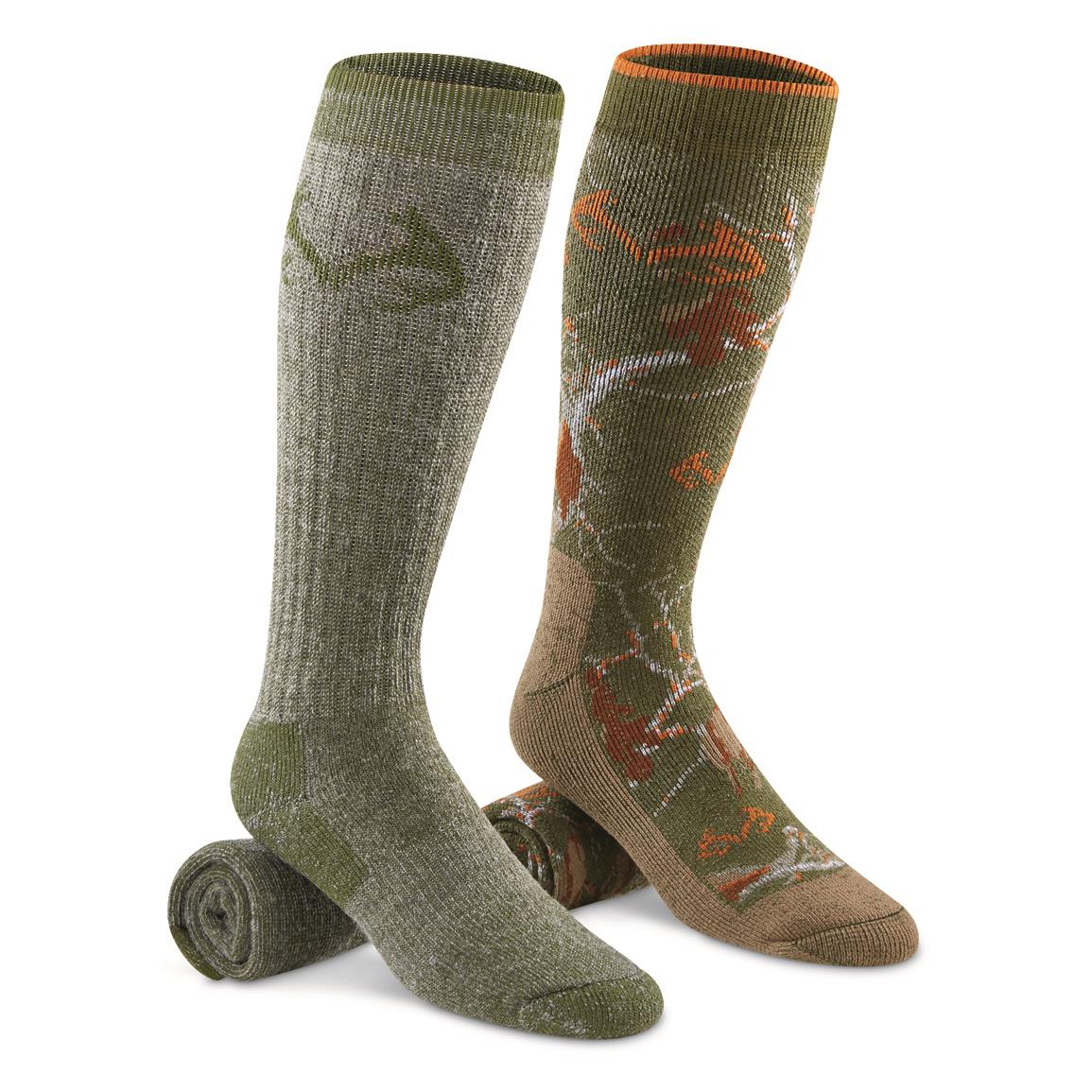 Realtree Men's Merino Wool Blend Boot Socks, 2 Pairs, Olive Camo
