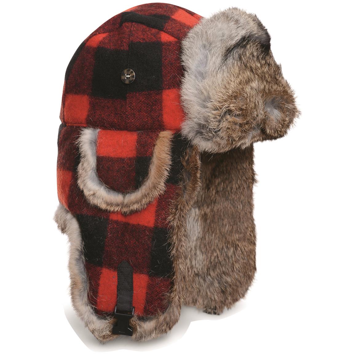 Mad Bomber Wool Rabbit Fur Hat, Red/Black Plaid