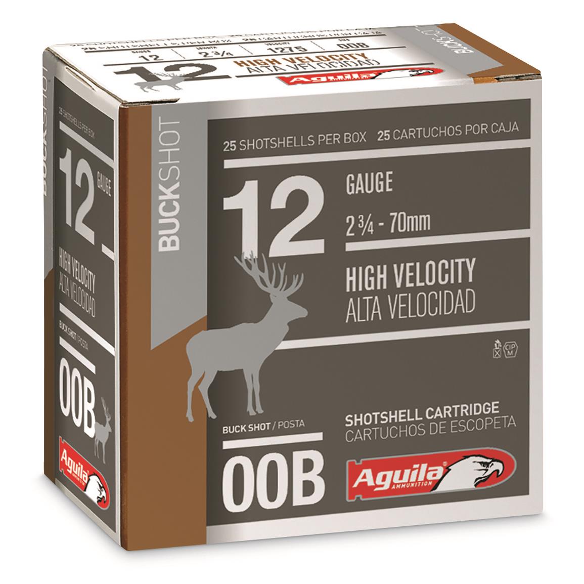 Aguila High-Velocity Buckshot, 12 Gauge, 2 3/4", 00 Buck, 9 Pellets, 25 Rounds