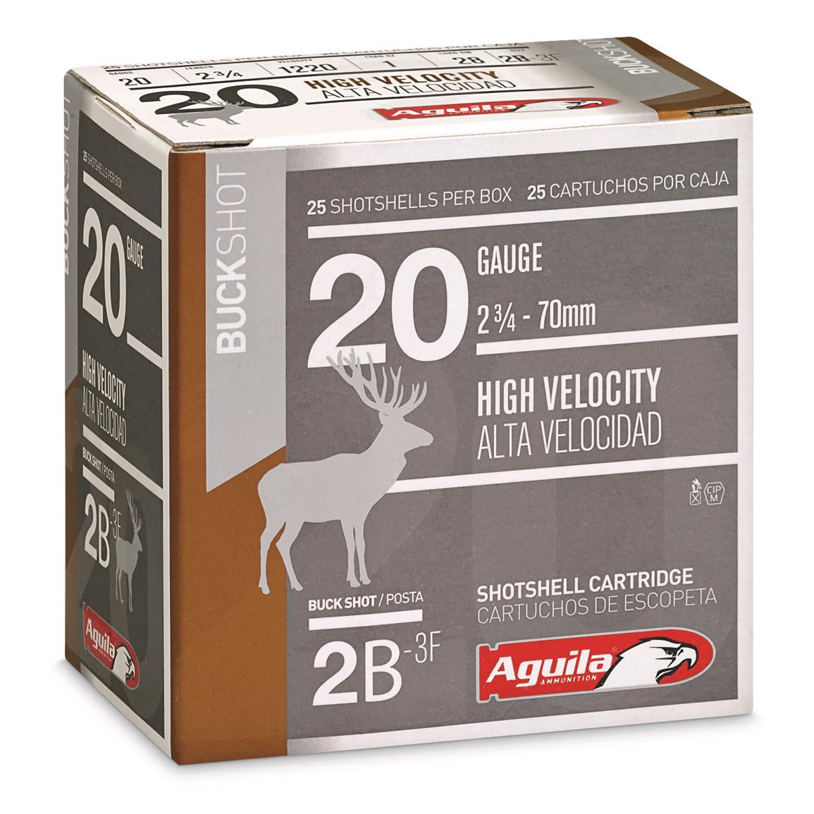Aguila High-Velocity Buckshot, 20 Gauge, 2 3/4", #2 Buck, 25 Rounds