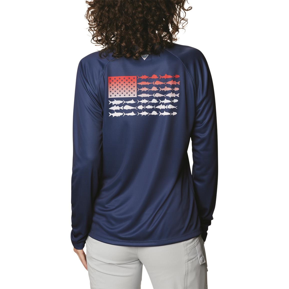 Columbia Women's Tidal Tee PFG Fish Flag Shirt, Carbon/Red Spark Gradient