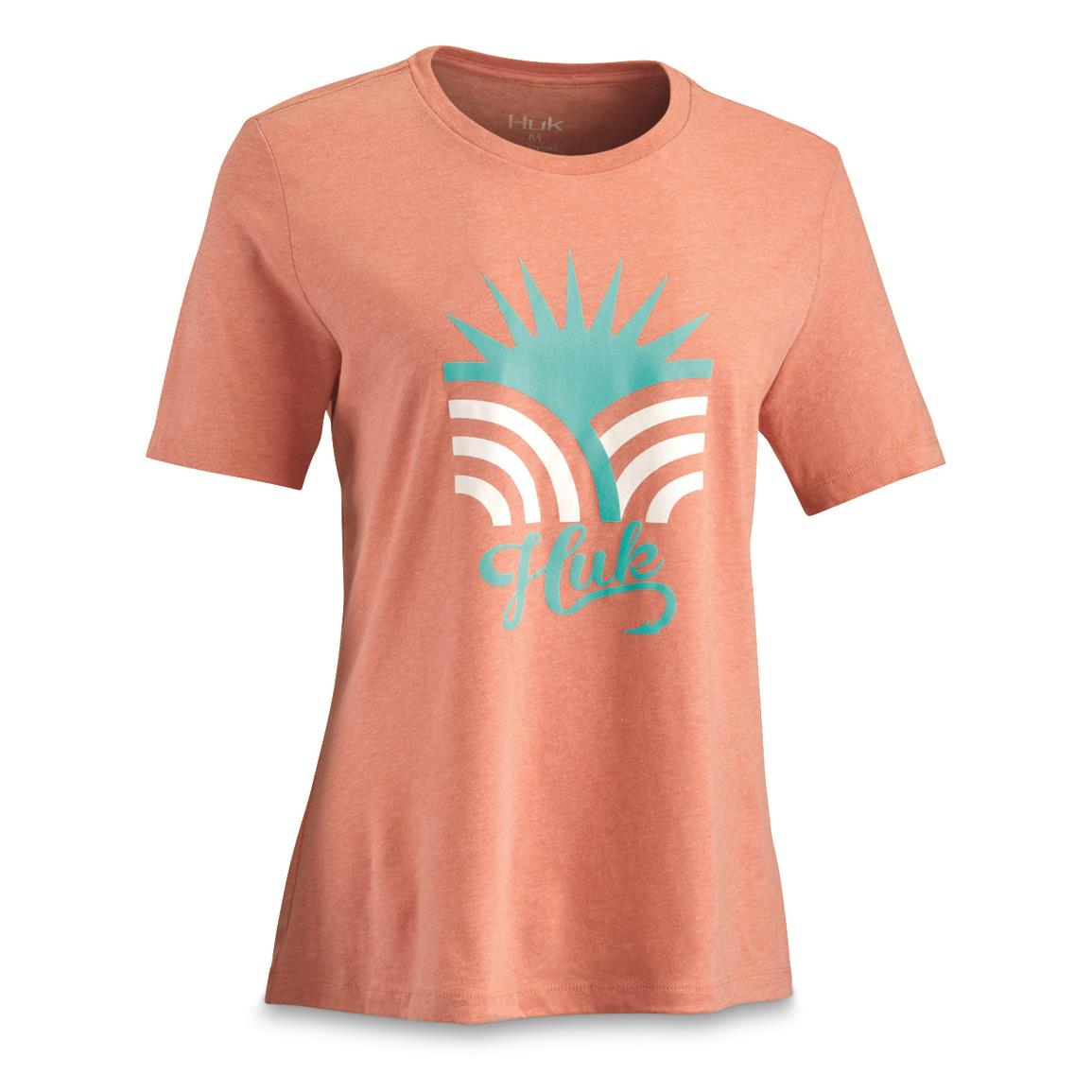 Huk Women's Sunburst Crew Shirt, Fusion Coral