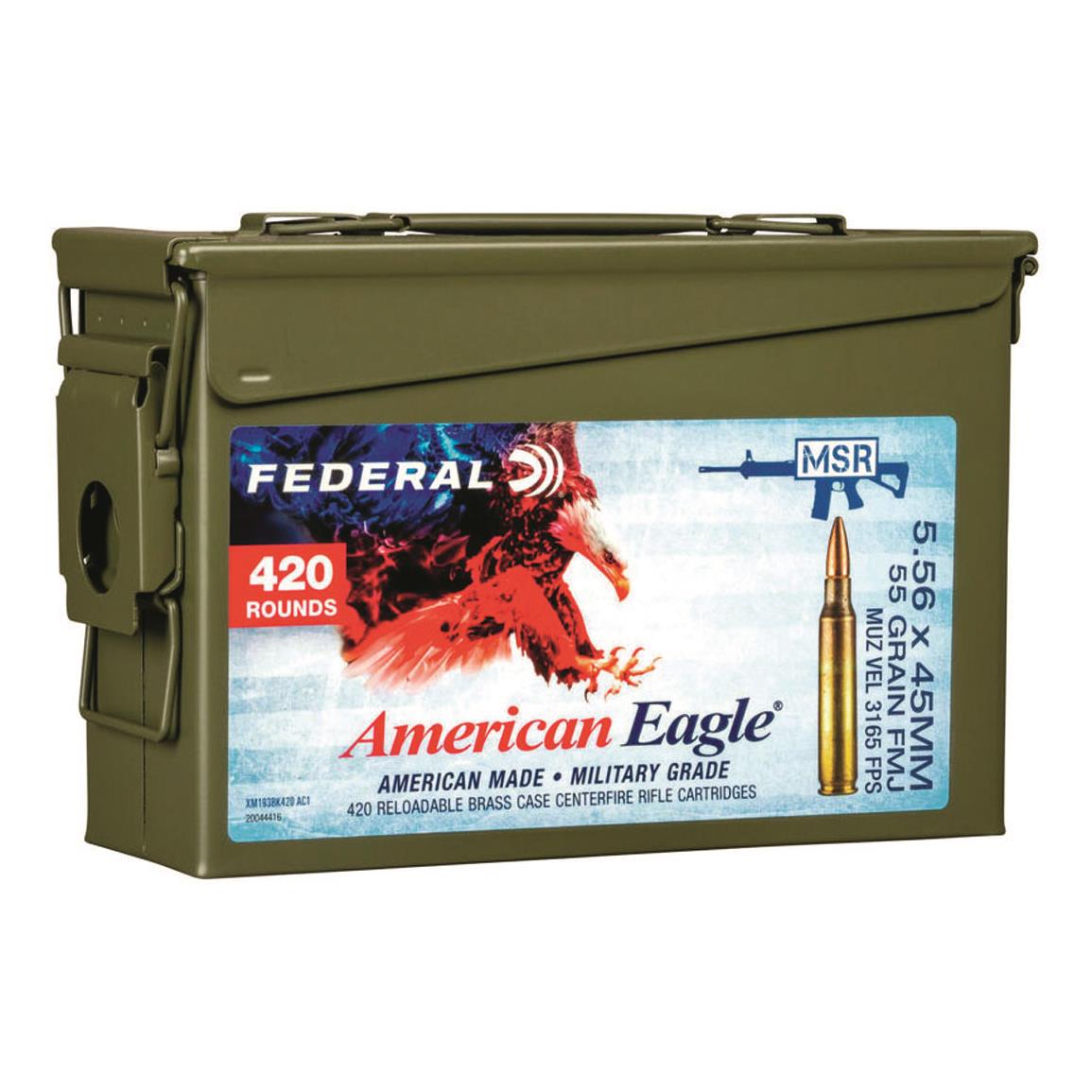 Federal American Eagle XM193 Training, 5.56x45mm NATO, FMJBT, 55 Grain, 420 Rounds