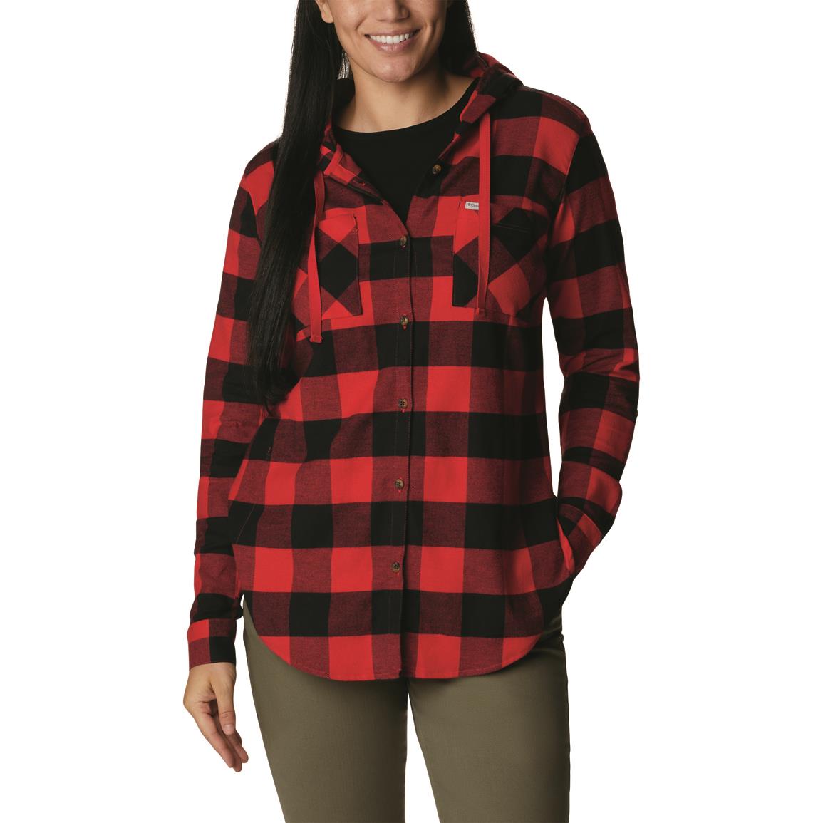 Columbia Women's Anytime Stretch Hooded Long Sleeve Shirt, Red Lily Buffalo Check