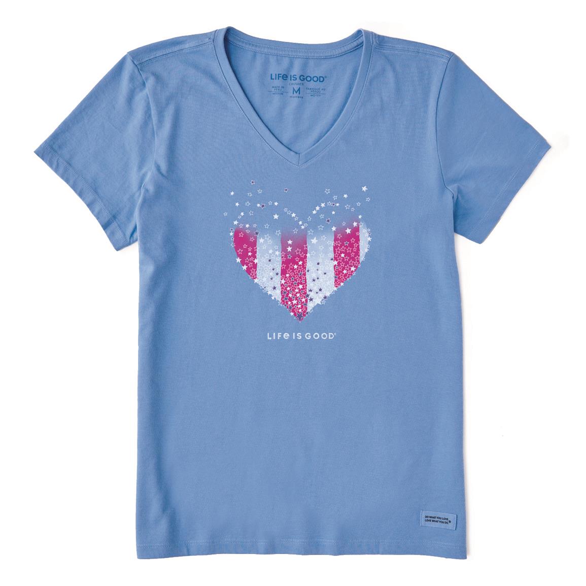 Life is Good Women's Crusher Graphic V-Neck T-Shirt Heart Stars and Stripes